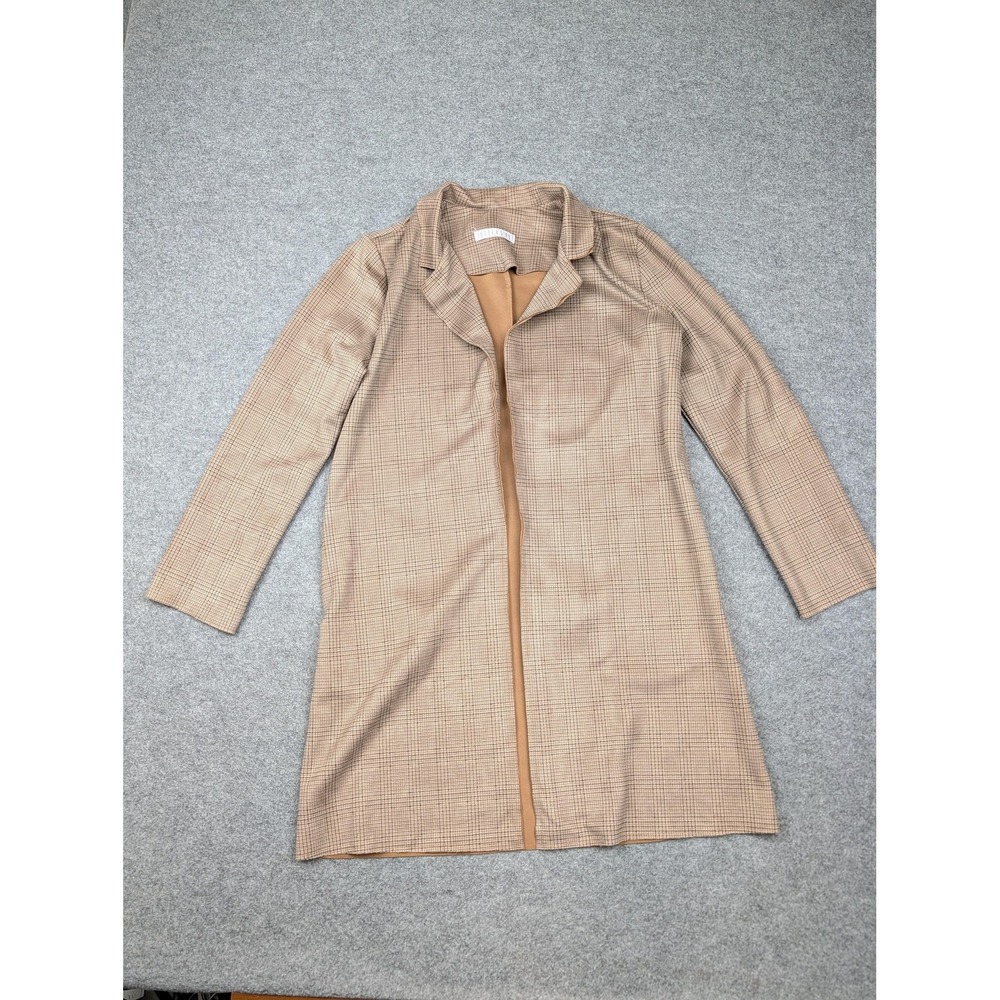 Potter's Pot Coatigan Womens Medium Beige Check Knit Open Front Lined Pockets